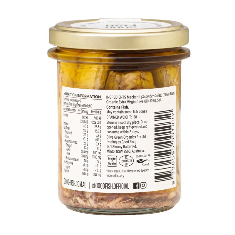Olive Green Org GOOD FISH Mackerel in EVOO Jar - alternate